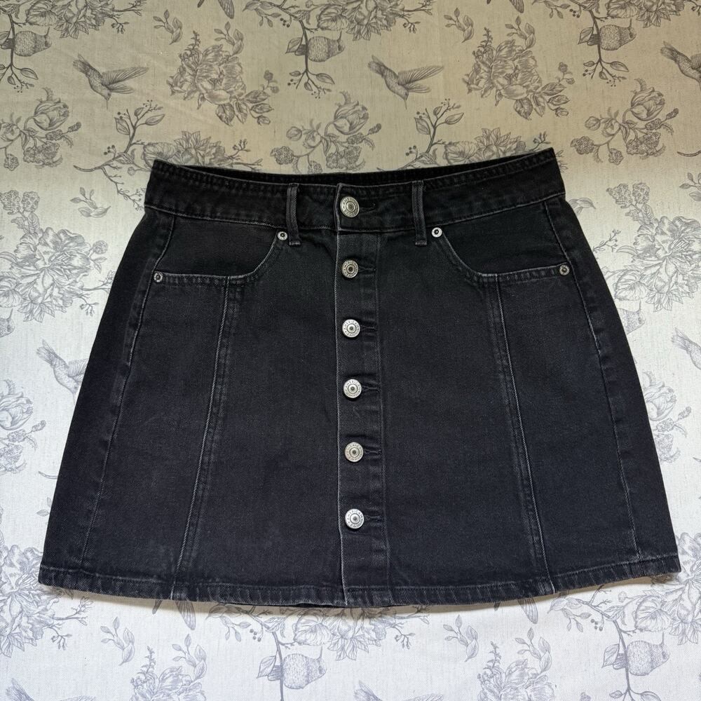 American Eagle High Rise A Line Button Up Black Denim Jean Mini Skirt Size 4